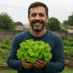 Carlos mostrando alfaces após chuva em sua cidade