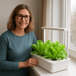 Maria com sistema pequeno na janela do apartamento