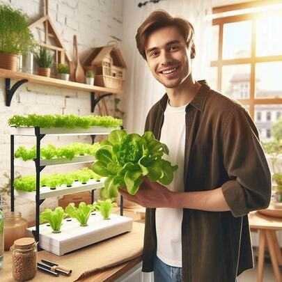 Pessoa usando o sistema hidropônico em casa