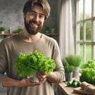 Aluno colhendo alface